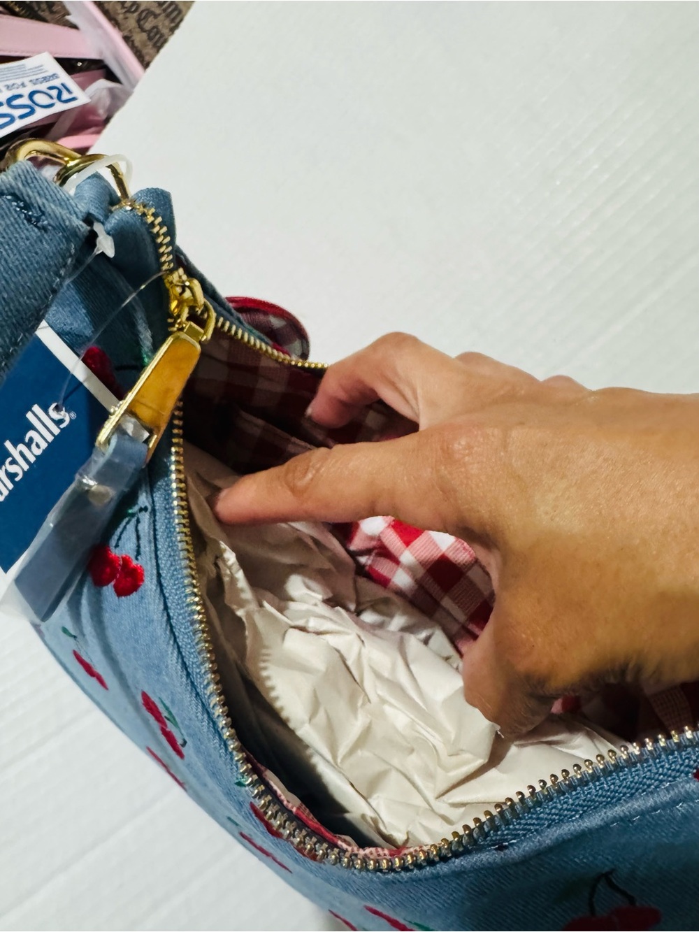 Betsey Johnson denim xonorthy Cherry Embroidered Shoulder Bag with charm BNWT - Picture 6 of 10